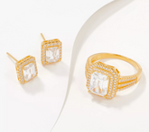 Diamonique Goldclad Emarald Cut Sterling Silver Bridal Ring Size 8 & Earrings Set